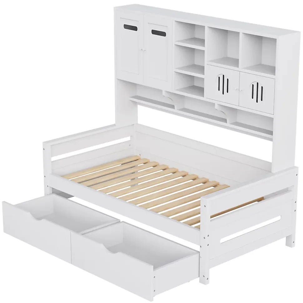 Lit Gigogne 90x200 cm - Lit Simple avec Deux Tiroirs de Rangement - Bois - Blanc - Sans Matelas