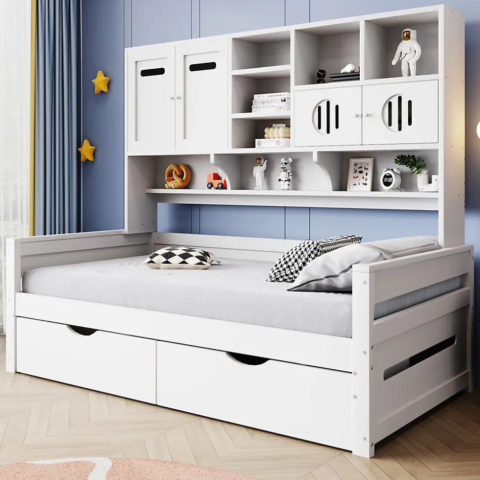 Lit Gigogne 90x200 cm - Lit Simple avec Deux Tiroirs de Rangement - Bois - Blanc - Sans Matelas