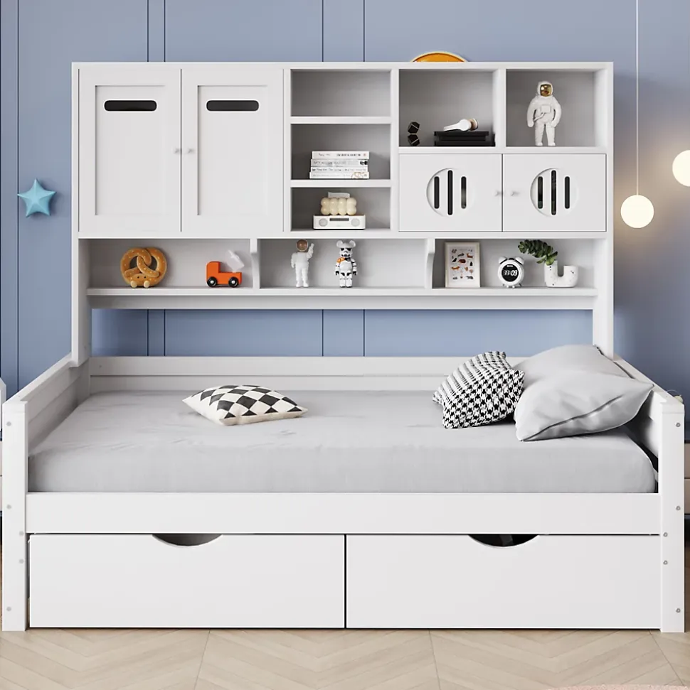 Lit Gigogne 90x200 cm - Lit Simple avec Deux Tiroirs de Rangement - Bois - Blanc - Sans Matelas