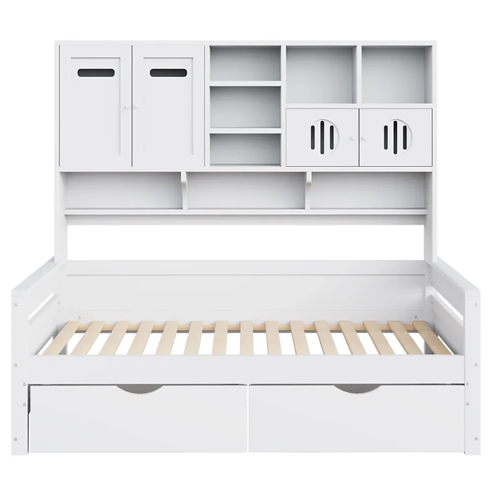 Lit Gigogne 90x200 cm - Lit Simple avec Deux Tiroirs de Rangement - Bois - Blanc - Sans Matelas