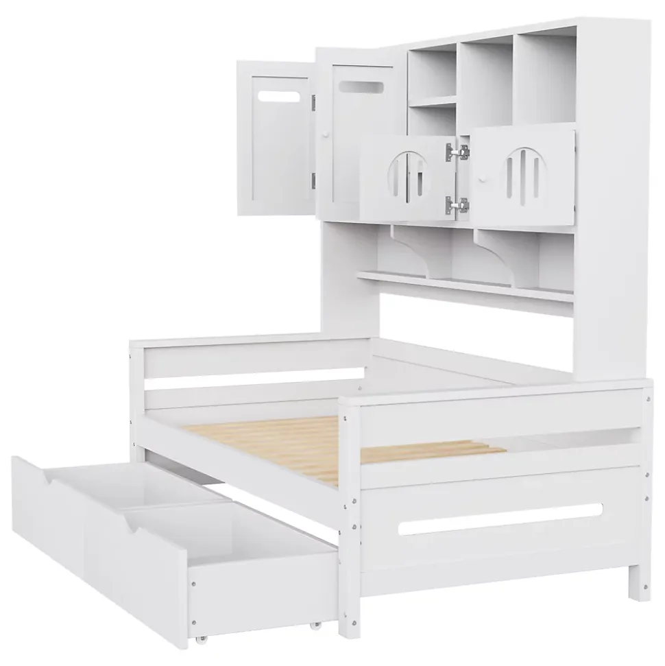 Lit Gigogne 90x200 cm - Lit Simple avec Deux Tiroirs de Rangement - Bois - Blanc - Sans Matelas