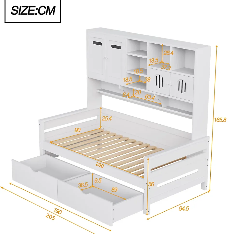 Lit Gigogne 90x200 cm - Lit Simple avec Deux Tiroirs de Rangement - Bois - Blanc - Sans Matelas