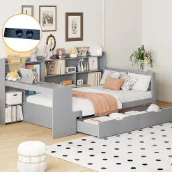 Lit Gigogne 90x200 cm - Lit Simple avec Bureau, Bibliothèque et Rangement Intégré, Sans Matelas - Bois Gris