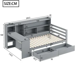 Lit Gigogne 90x200 cm - Lit Simple avec Bureau, Bibliothèque et Rangement Intégré, Sans Matelas - Bois Gris