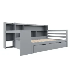 Lit Gigogne 90x200 cm - Lit Simple avec Bureau, Bibliothèque et Rangement Intégré, Sans Matelas - Bois Gris