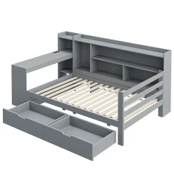 Lit Gigogne 90x200 cm - Lit Simple avec Bureau, Bibliothèque et Rangement Intégré, Sans Matelas - Bois Gris