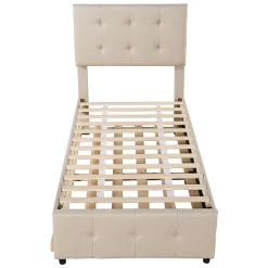 Lit Gigogne 90x200 cm - Lit Simple enfant avec Sommier à Lattes, Tête de Lit Réglable, Structure MDF et Métal, Sans Matelas, Beige