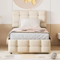 Lit Gigogne 90x200 cm - Lit Simple enfant avec Sommier à Lattes, Tête de Lit Réglable, Structure MDF et Métal, Sans Matelas, Beige