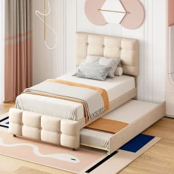 Lit Gigogne 90x200 cm - Lit Simple enfant avec Sommier à Lattes, Tête de Lit Réglable, Structure MDF et Métal, Sans Matelas, Beige