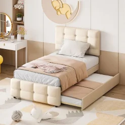 Lit Gigogne 90x200 cm - Lit Simple enfant avec Sommier à Lattes, Tête de Lit Réglable, Structure MDF et Métal, Sans Matelas, Beige