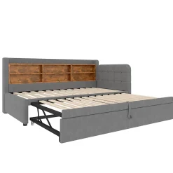 Lit Gigogne 90x200 cm - Lit Simple avec Rangement et Lit Gigogne Intégré, Ports USB et Type-C, Lin Gris