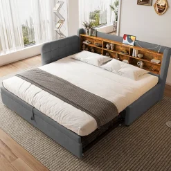 Lit Gigogne 90x200 cm - Lit Simple avec Rangement et Lit Gigogne Intégré, Ports USB et Type-C, Lin Gris