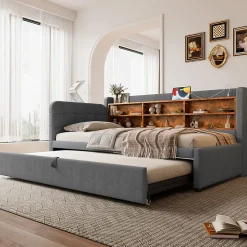 Lit Gigogne 90x200 cm - Lit Simple avec Rangement et Lit Gigogne Intégré, Ports USB et Type-C, Lin Gris