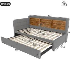 Lit Gigogne 90x200 cm - Lit Simple avec Rangement et Lit Gigogne Intégré, Ports USB et Type-C, Lin Gris