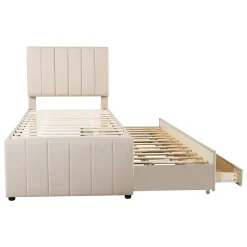 Lit gigogne 90x200 cm - Lit simple enfant avec tiroirs et lit d'appoint, sans matelas - Revêtement en lin, Beige