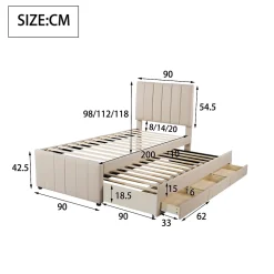 Lit gigogne 90x200 cm - Lit simple enfant avec tiroirs et lit d'appoint, sans matelas - Revêtement en lin, Beige