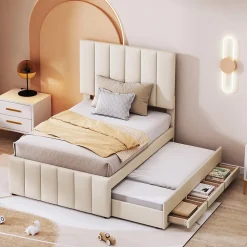 Lit gigogne 90x200 cm - Lit simple enfant avec tiroirs et lit d'appoint, sans matelas - Revêtement en lin, Beige