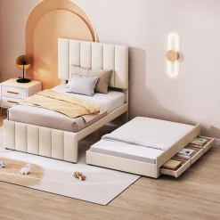 Lit gigogne 90x200 cm - Lit simple enfant avec tiroirs et lit d'appoint, sans matelas - Revêtement en lin, Beige