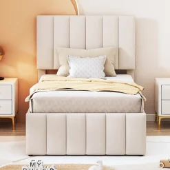 Lit gigogne 90x200 cm - Lit simple enfant avec tiroirs et lit d'appoint, sans matelas - Revêtement en lin, Beige