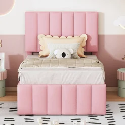 Lit Gigogne 90x200 cm - Lit Simple enfant avec Tiroirs et Couchage d'Ombre, Revêtement en Lin Doux, Sans Matelas - Rose