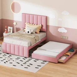 Lit Gigogne 90x200 cm - Lit Simple enfant avec Tiroirs et Couchage d'Ombre, Revêtement en Lin Doux, Sans Matelas - Rose