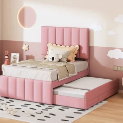 Lit Gigogne 90x200 cm - Lit Simple enfant avec Tiroirs et Couchage d'Ombre, Revêtement en Lin Doux, Sans Matelas - Rose