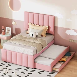 Lit Gigogne 90x200 cm - Lit Simple enfant avec Tiroirs et Couchage d'Ombre, Revêtement en Lin Doux, Sans Matelas - Rose