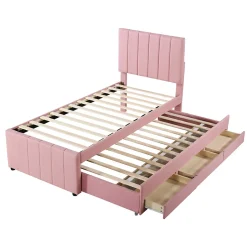 Lit Gigogne 90x200 cm - Lit Simple enfant avec Tiroirs et Couchage d'Ombre, Revêtement en Lin Doux, Sans Matelas - Rose