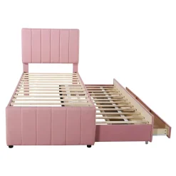 Lit Gigogne 90x200 cm - Lit Simple enfant avec Tiroirs et Couchage d'Ombre, Revêtement en Lin Doux, Sans Matelas - Rose