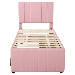 Lit Gigogne 90x200 cm - Lit Simple enfant avec Tiroirs et Couchage d'Ombre, Revêtement en Lin Doux, Sans Matelas - Rose