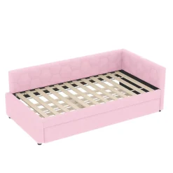 Lit Gigogne 90x200 cm - Lit Tiroir et Lampe Intégrée avec Ports USB et Type-C - Sans Matelas - Rose Imitation Laine