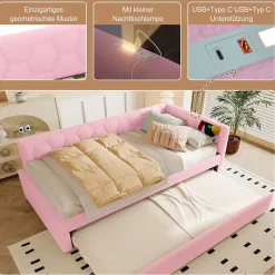 Lit Gigogne 90x200 cm - Lit Tiroir et Lampe Intégrée avec Ports USB et Type-C - Sans Matelas - Rose Imitation Laine