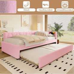 Lit Gigogne 90x200 cm - Lit Tiroir et Lampe Intégrée avec Ports USB et Type-C - Sans Matelas - Rose Imitation Laine
