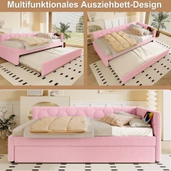 Lit Gigogne 90x200 cm - Lit Tiroir et Lampe Intégrée avec Ports USB et Type-C - Sans Matelas - Rose Imitation Laine