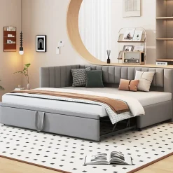 Lit Gigogne 90/180x200 cm - L-Shaped avec Lit Coulissant pour enfants et Invités, Multifonction, Velours Gris Clair, Sans Matelas