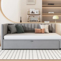 Lit Gigogne 90/180x200 cm - L-Shaped avec Lit Coulissant pour enfants et Invités, Multifonction, Velours Gris Clair, Sans Matelas