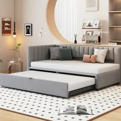 Lit Gigogne 90/180x200 cm - L-Shaped avec Lit Coulissant pour enfants et Invités, Multifonction, Velours Gris Clair, Sans Matelas