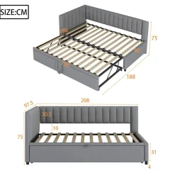 Lit Gigogne 90/180x200 cm - L-Shaped avec Lit Coulissant pour enfants et Invités, Multifonction, Velours Gris Clair, Sans Matelas