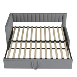 Lit Gigogne 90/180x200 cm - L-Shaped avec Lit Coulissant pour enfants et Invités, Multifonction, Velours Gris Clair, Sans Matelas