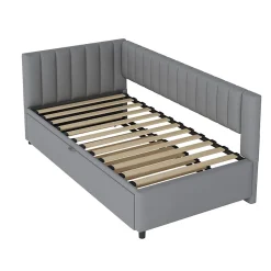 Lit Gigogne 90/180x200 cm - L-Shaped avec Lit Coulissant pour enfants et Invités, Multifonction, Velours Gris Clair, Sans Matelas