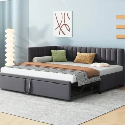 Lit Gigogne 90/180x200 cm - L-Shaped avec Lit Coulissant, Convertible pour enfants et Invités, Velours Gris Foncé, Sans Matelas