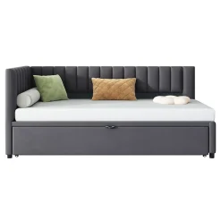 Lit Gigogne 90/180x200 cm - L-Shaped avec Lit Coulissant, Convertible pour enfants et Invités, Velours Gris Foncé, Sans Matelas