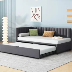 Lit Gigogne 90/180x200 cm - L-Shaped avec Lit Coulissant, Convertible pour enfants et Invités, Velours Gris Foncé, Sans Matelas