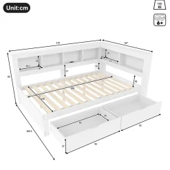 Lit gigogne 140x200 cm ado avec couchage supplémentaire 90x190 cm, prises et 2 ports USB, structure pin+MDF blanc