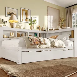 Lit gigogne 140x200 cm ado avec couchage supplémentaire 90x190 cm, prises et 2 ports USB, structure pin+MDF blanc