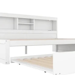 Lit gigogne 90x200 cm ado/enfant avec tiroir coulissant, LED télécommandée, ports USB, prise électrique et rangement - blanc