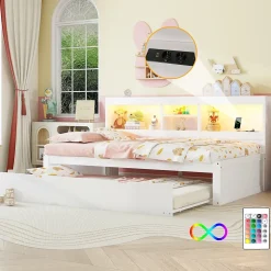 Lit gigogne 90x200 cm ado/enfant avec tiroir coulissant, LED télécommandée, ports USB, prise électrique et rangement - blanc