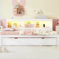 Lit gigogne 90x200 cm ado/enfant avec tiroir coulissant, LED télécommandée, ports USB, prise électrique et rangement - blanc