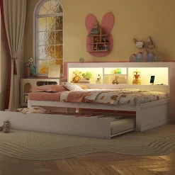 Lit gigogne 90x200 cm ado/enfant avec tiroir coulissant, LED télécommandée, ports USB, prise électrique et rangement - blanc