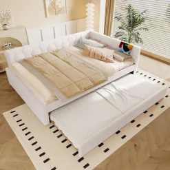 Lit gigogne 140x200 cm avec lit tiroir, lampe intégrée, ports USB et Type-C - 2 couchages gain de place - imitation laine blanc